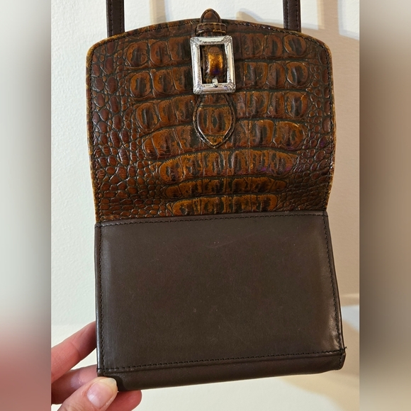 Brighton Crossbody Wallet In Black Leather With Brown Crocodile Embossed Design - Picture 15 of 17